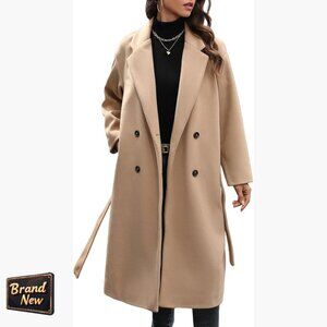 Wool Blend Double Breasted Trench Coat, Knee Length, Belted, Casual Winter